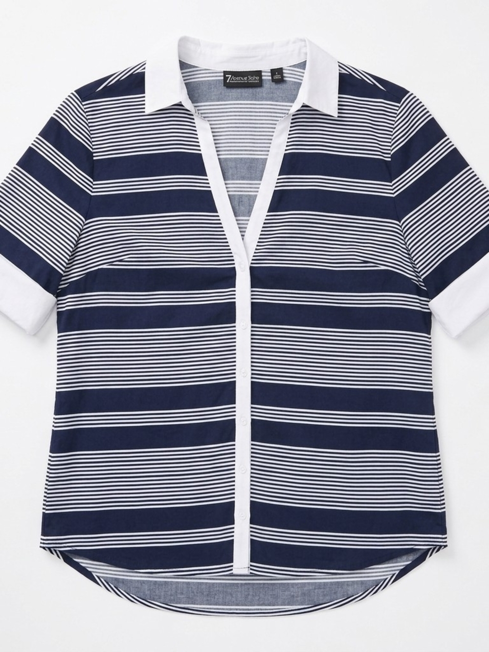 7th Ave Design Studio Striped Navy and White Button-Down Shirt Womens Large #259